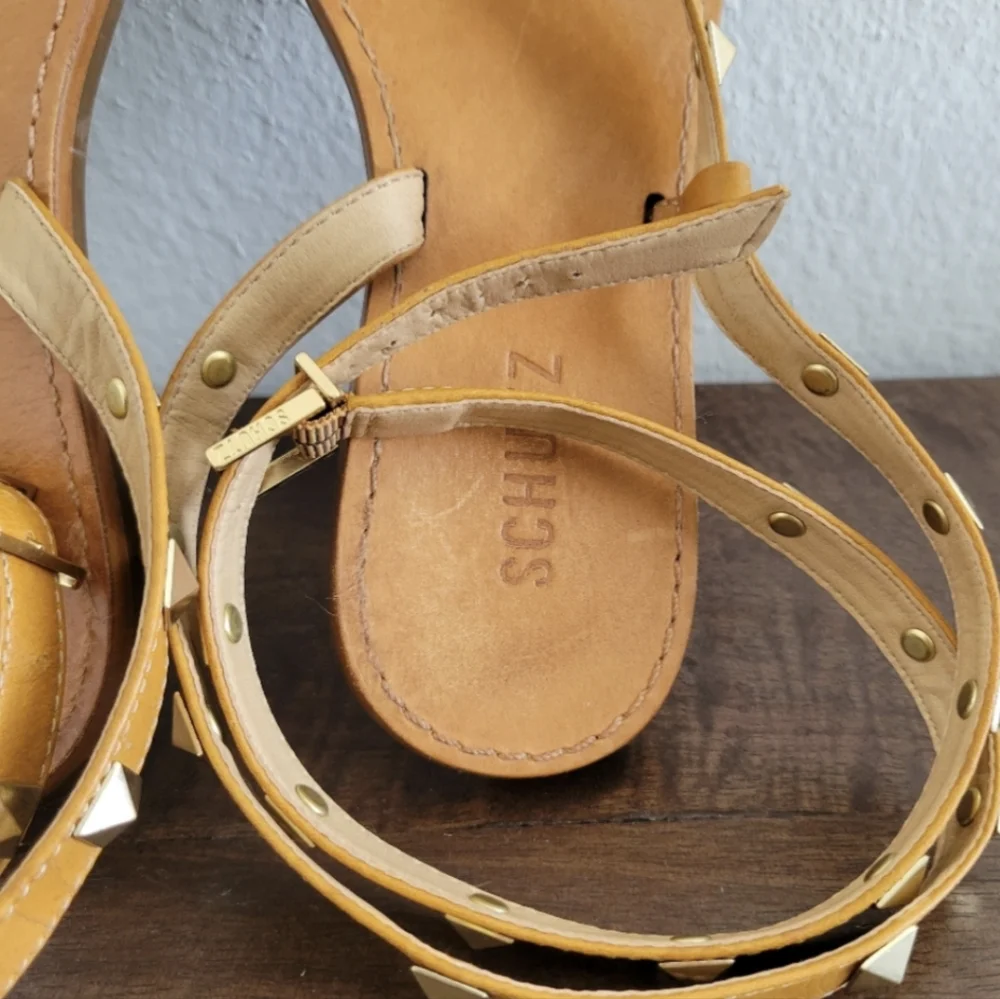 SCHUTZ Courtney Studded Gladiator Wrap Sandals 6.5 - Tan Leather - Picture 7 of 9